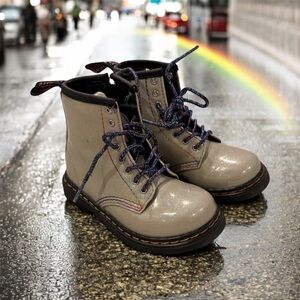 Dr. Martens Kids Boots in Sparkle Silver and Rainbow stitching